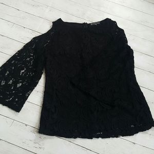 Adrianna papell lace top cold‎ shoulder bell sleeve black medium